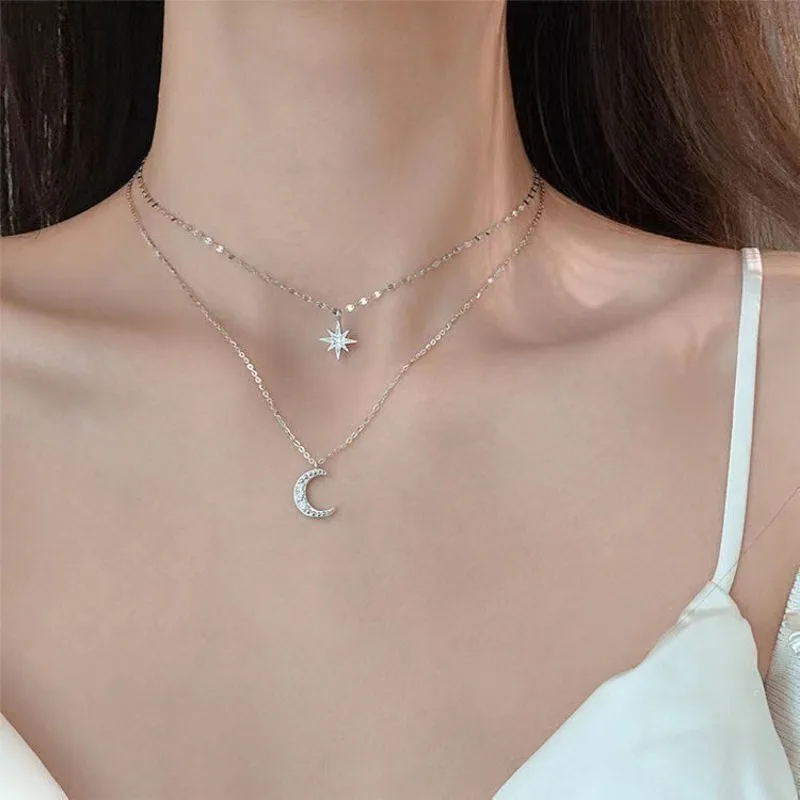 925 Silver Star and Moon Necklace for Women