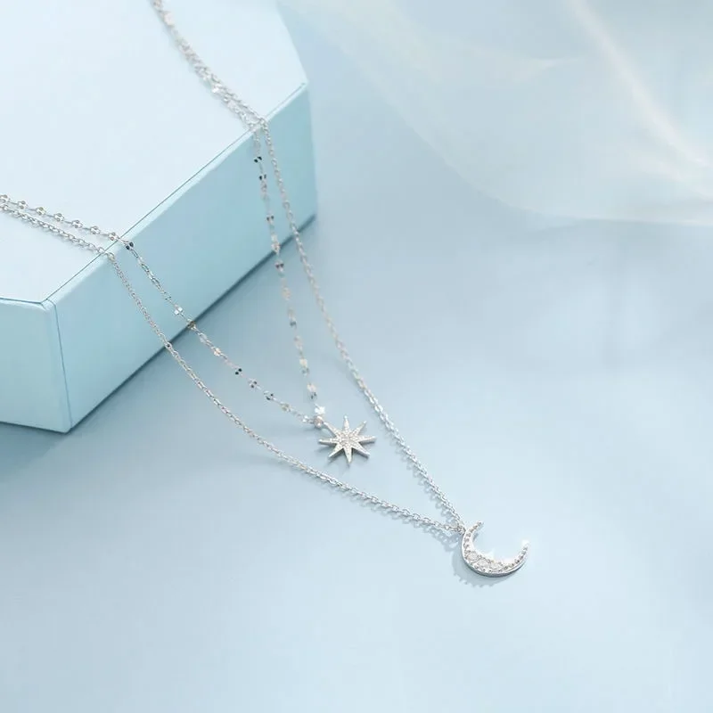 925 Silver Star and Moon Necklace for Women