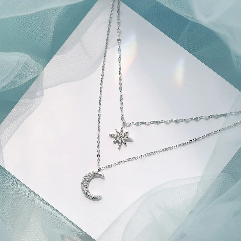925 Silver Star and Moon Necklace for Women