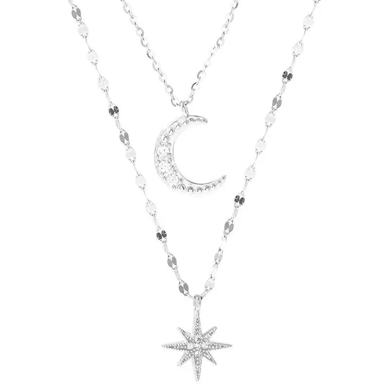 925 Silver Star and Moon Necklace for Women