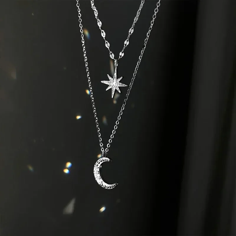 925 Silver Star and Moon Necklace for Women