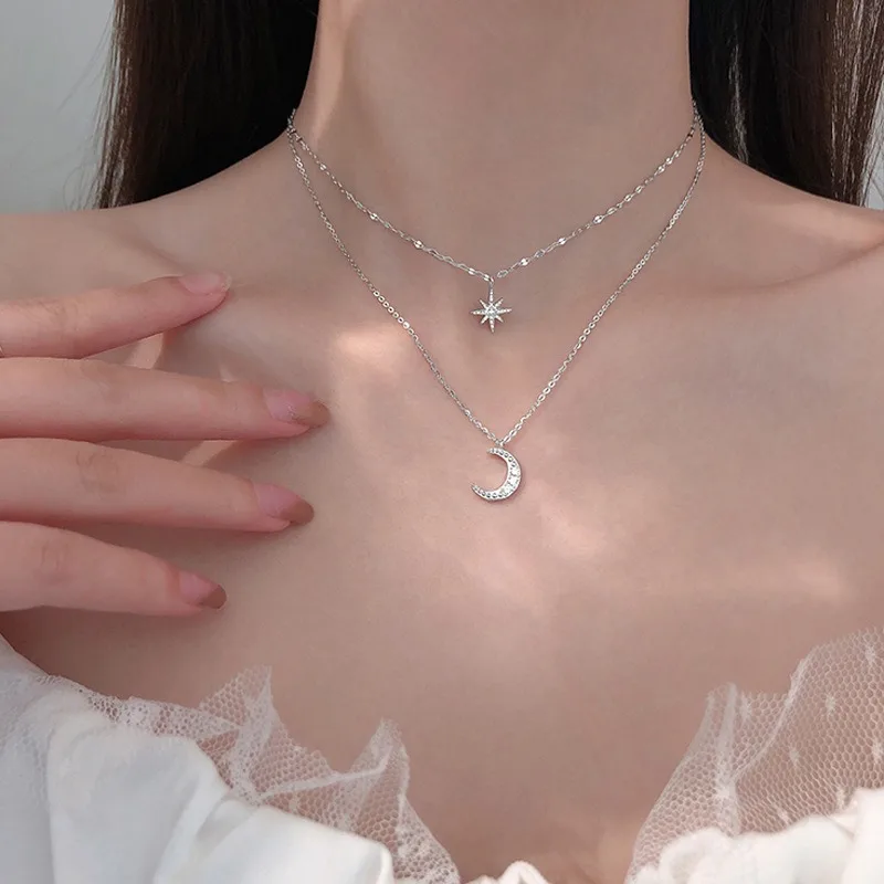 925 Silver Star and Moon Necklace for Women