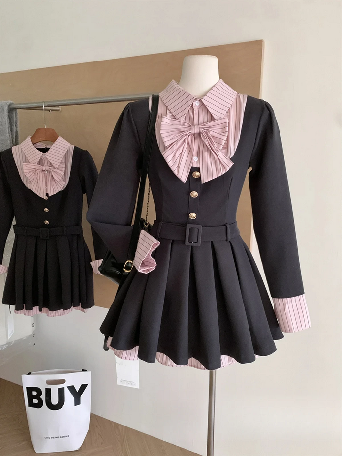 Korean College Preppy Mini Fake Two Pieces Dress
