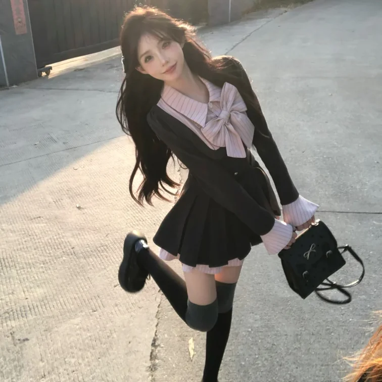 Korean College Preppy Mini Fake Two Pieces Dress