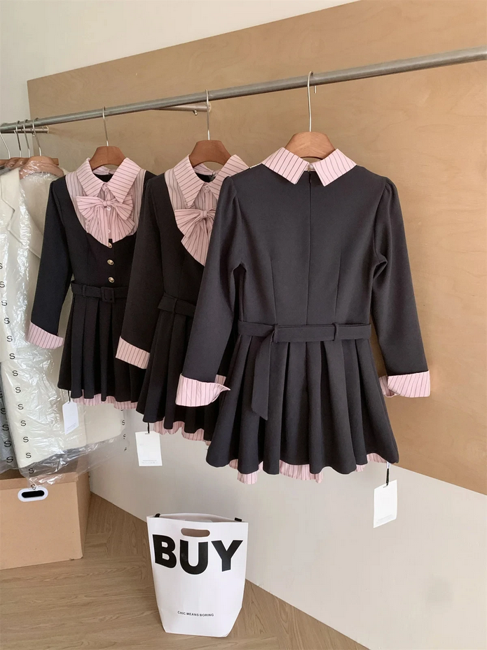 Korean College Preppy Mini Fake Two Pieces Dress