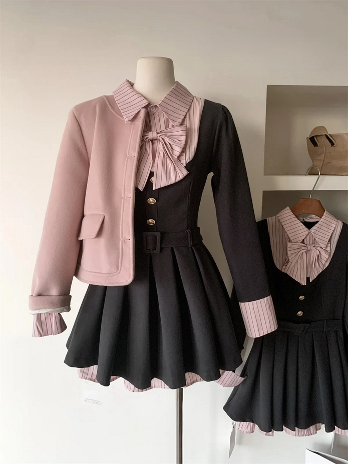Korean College Preppy Mini Fake Two Pieces Dress