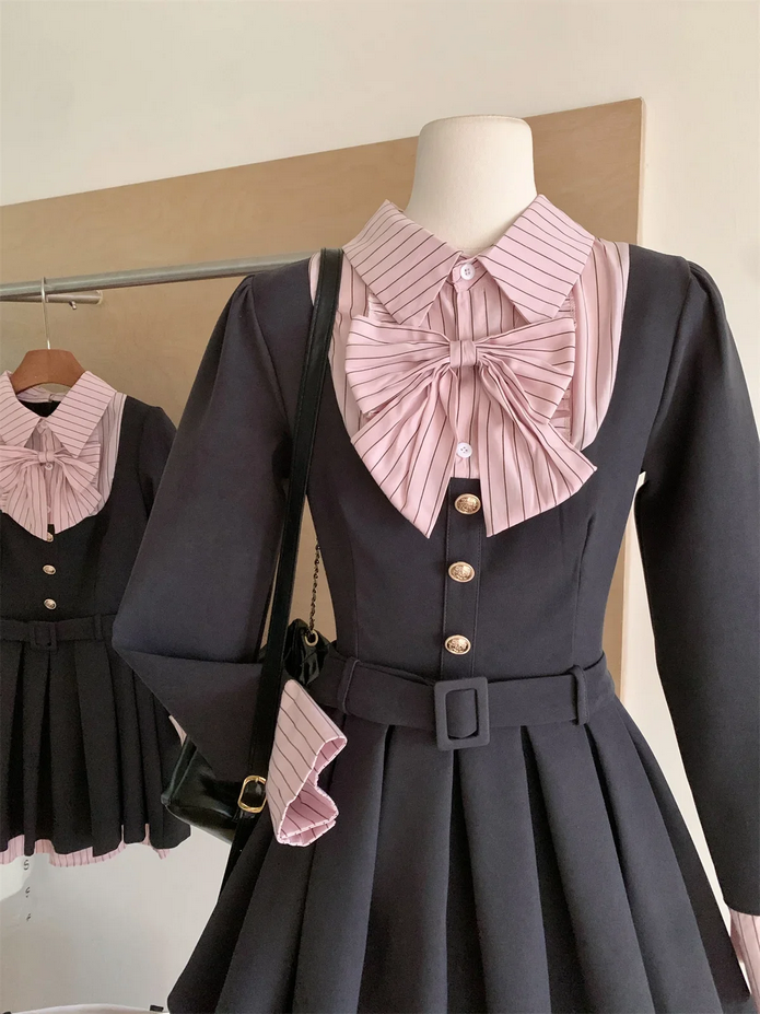 Korean College Preppy Mini Fake Two Pieces Dress