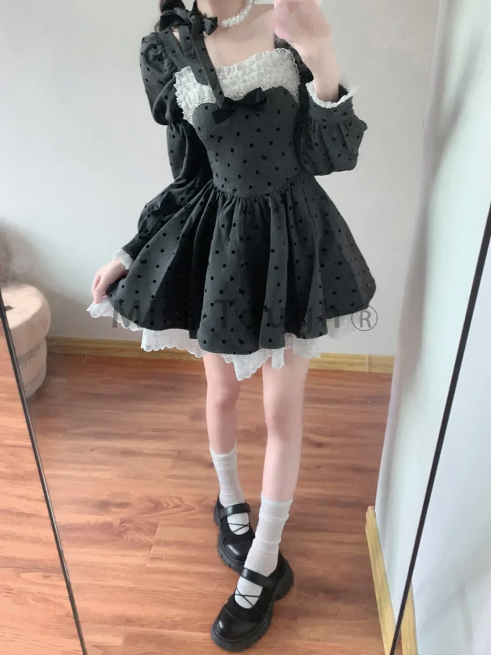 Long Sleeve Polka Dots and Bow  Fairy Dress