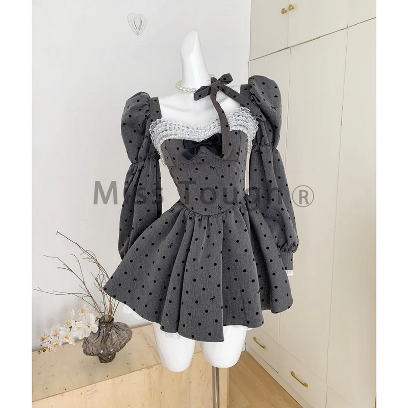 Long Sleeve Polka Dots and Bow  Fairy Dress