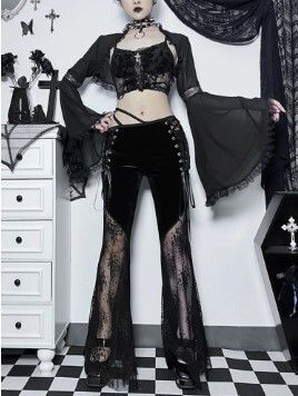 Black  Velvet Lace Flower Slim fit Flared Pants