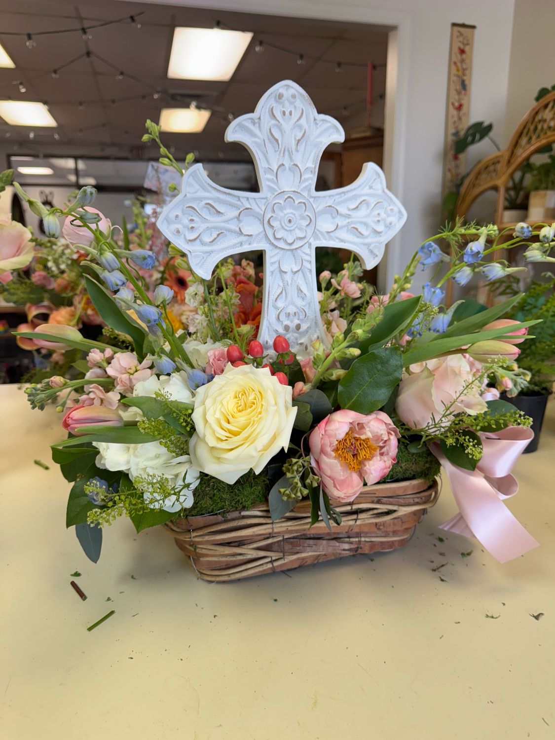Floral Basket With Keepsake Cross