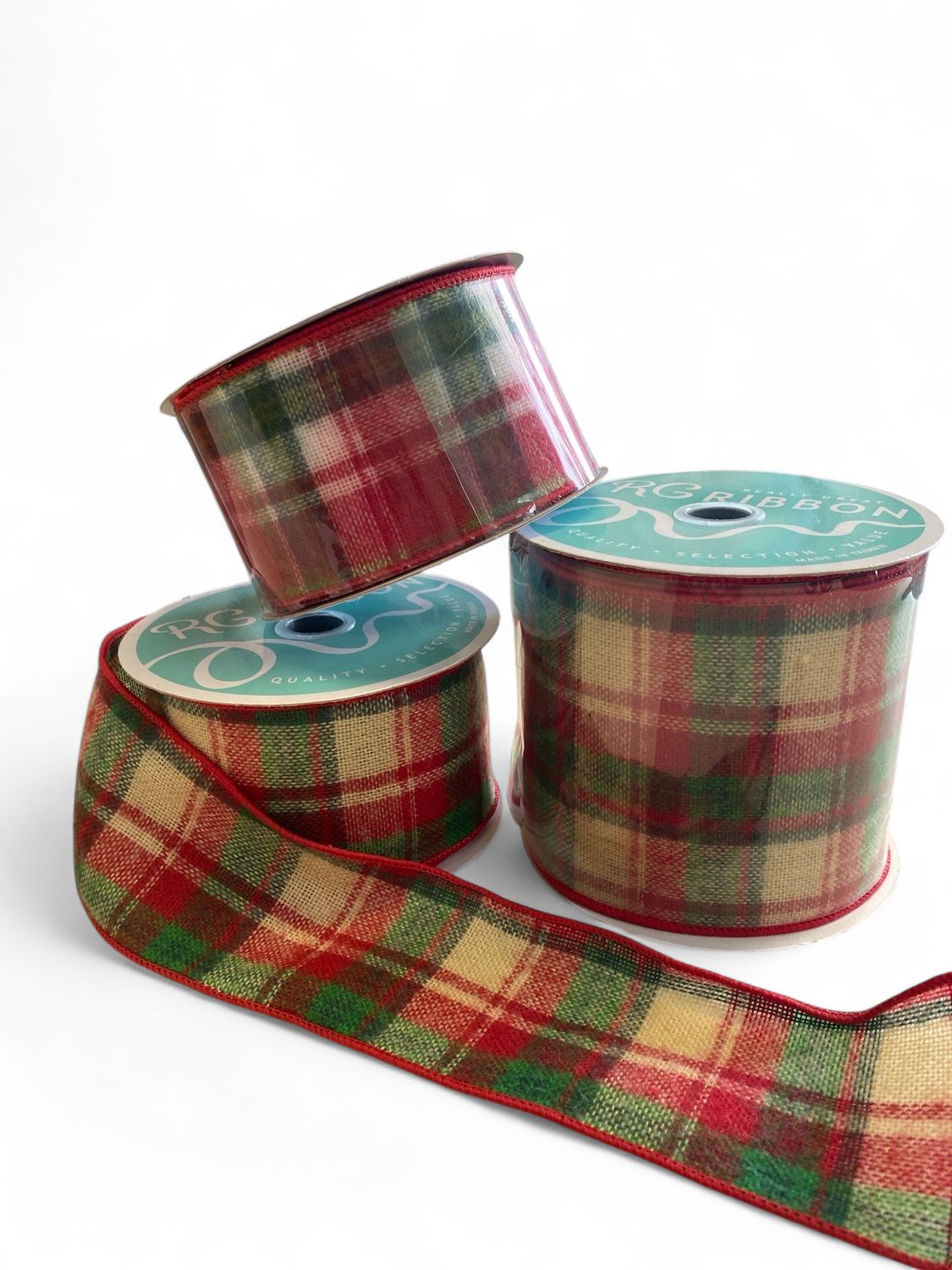 10yd Christmas Green, Red, and Cream Flannel | RG Ribbon 10yd Christmas Green, Red, and Cream Flannel | RG Ribbon