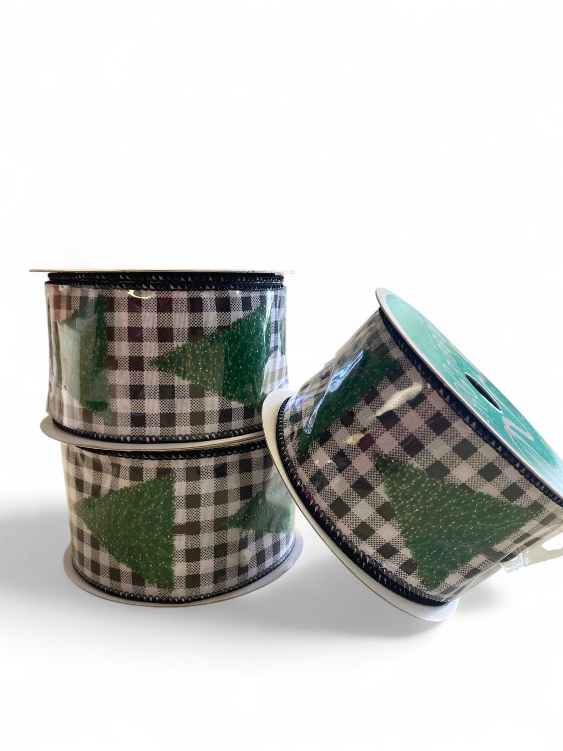 10yd x 2.5” Black and White Gingham Ribbon w/ Christmas Trees | RG Ribbon 10yd x 2.5” Black and White Gingham Ribbon w/ Christmas Trees | RG Ribbon