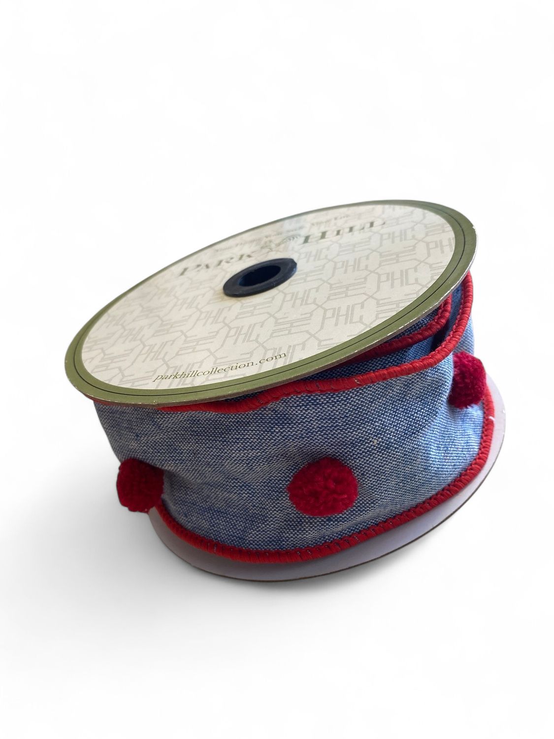 5yd x 2.5” Gray Ribbon with Red Pom Poms | Park Hill 5yd x 2.5” Gray Ribbon with Red Pom Poms | Park Hill