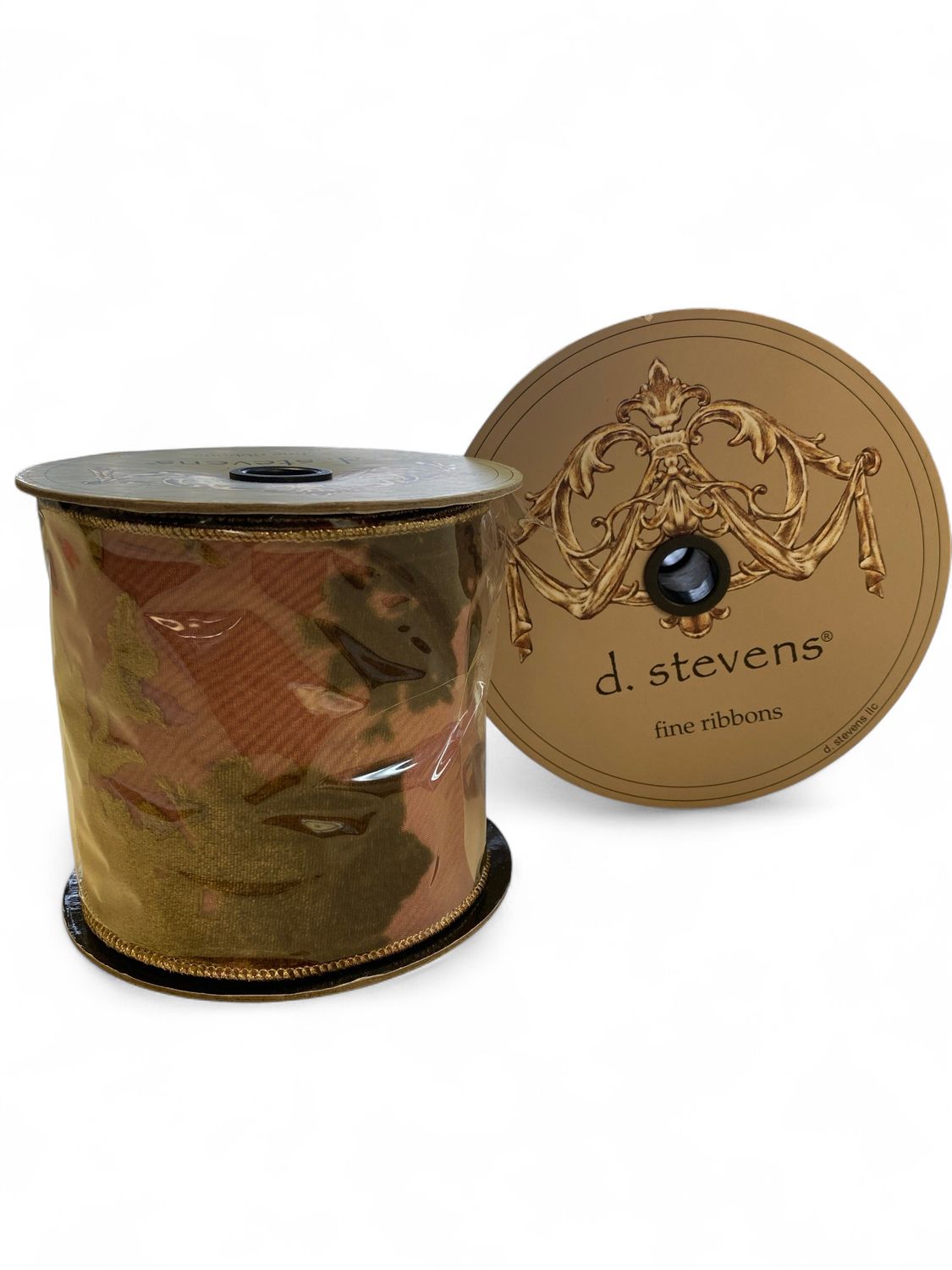 10yd x 4” d. stevens Pink with Gold Felt Leaf Pattern Ribbon