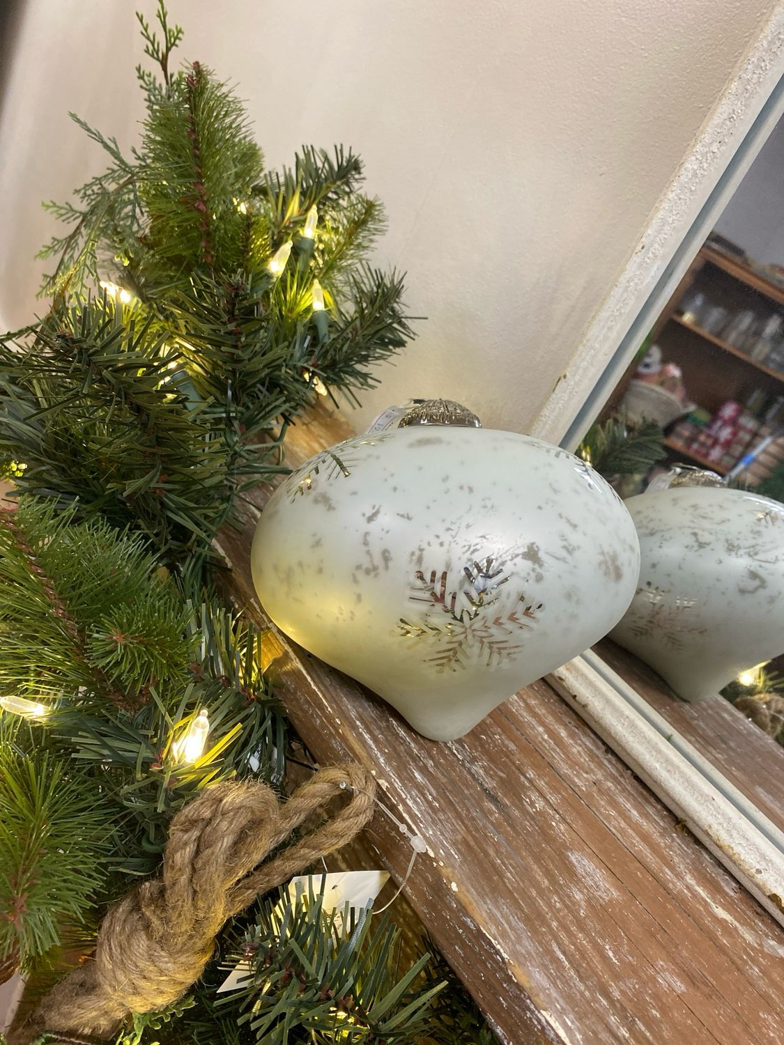 White Glass Teardrop w/ Silver Snowflakes Ornament White Glass Teardrop w/ Silver Snowflakes Ornament