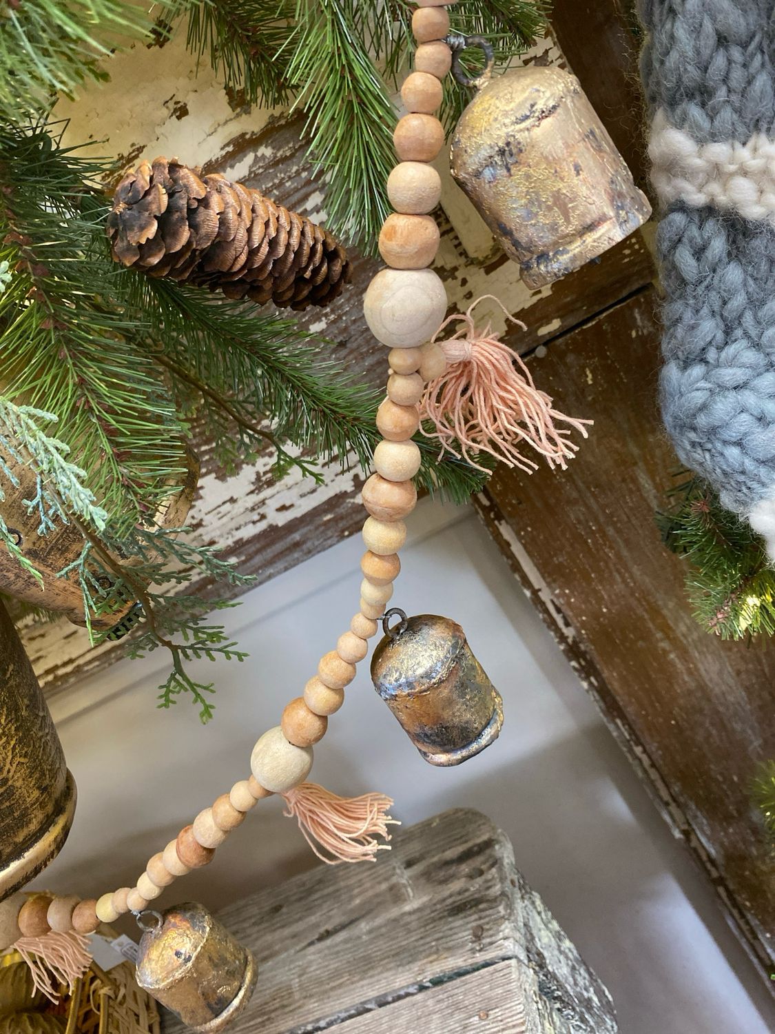 Wooden Bead Garland with Mini Rustic Bells and Tassles