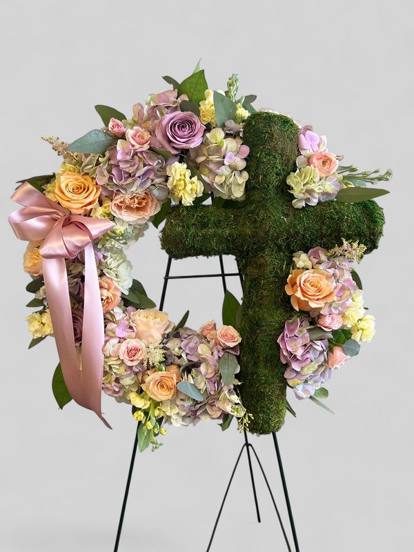 Floral Wreath With Cross And Easel