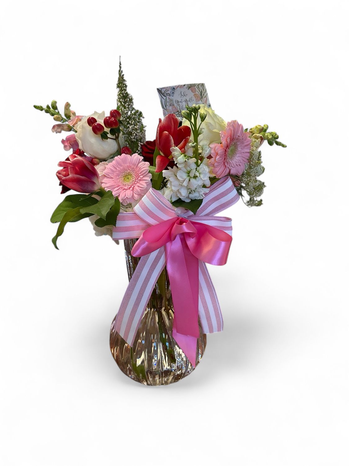 Pink Ribbed Glass Vase (Large) W florals