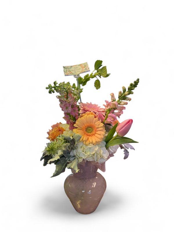 Large Light Pink Ruffle Vase with florals