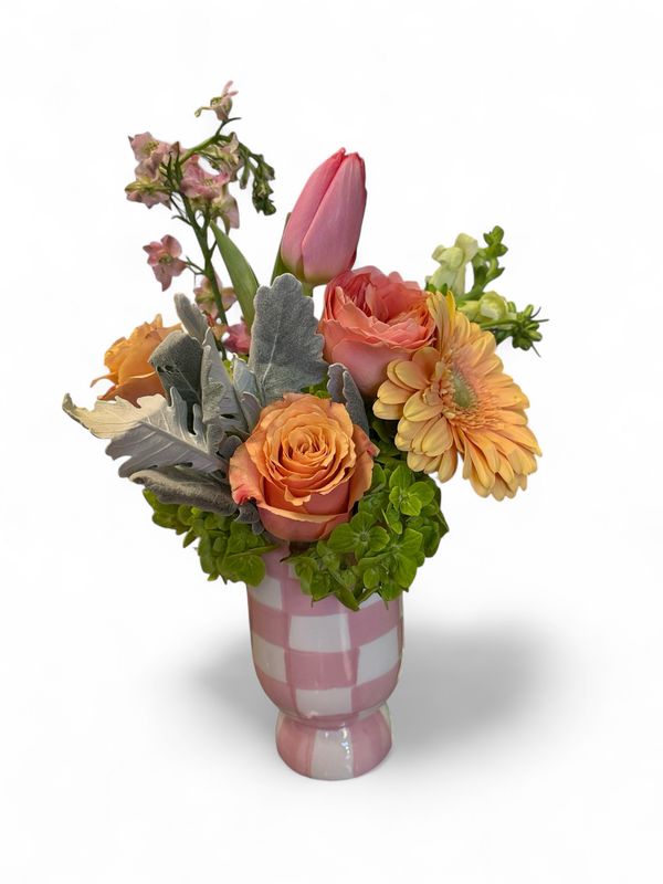 Pink Checkered vase with florals