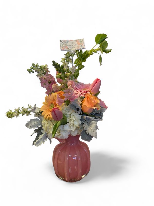 Large Pink ruffle vase with florals