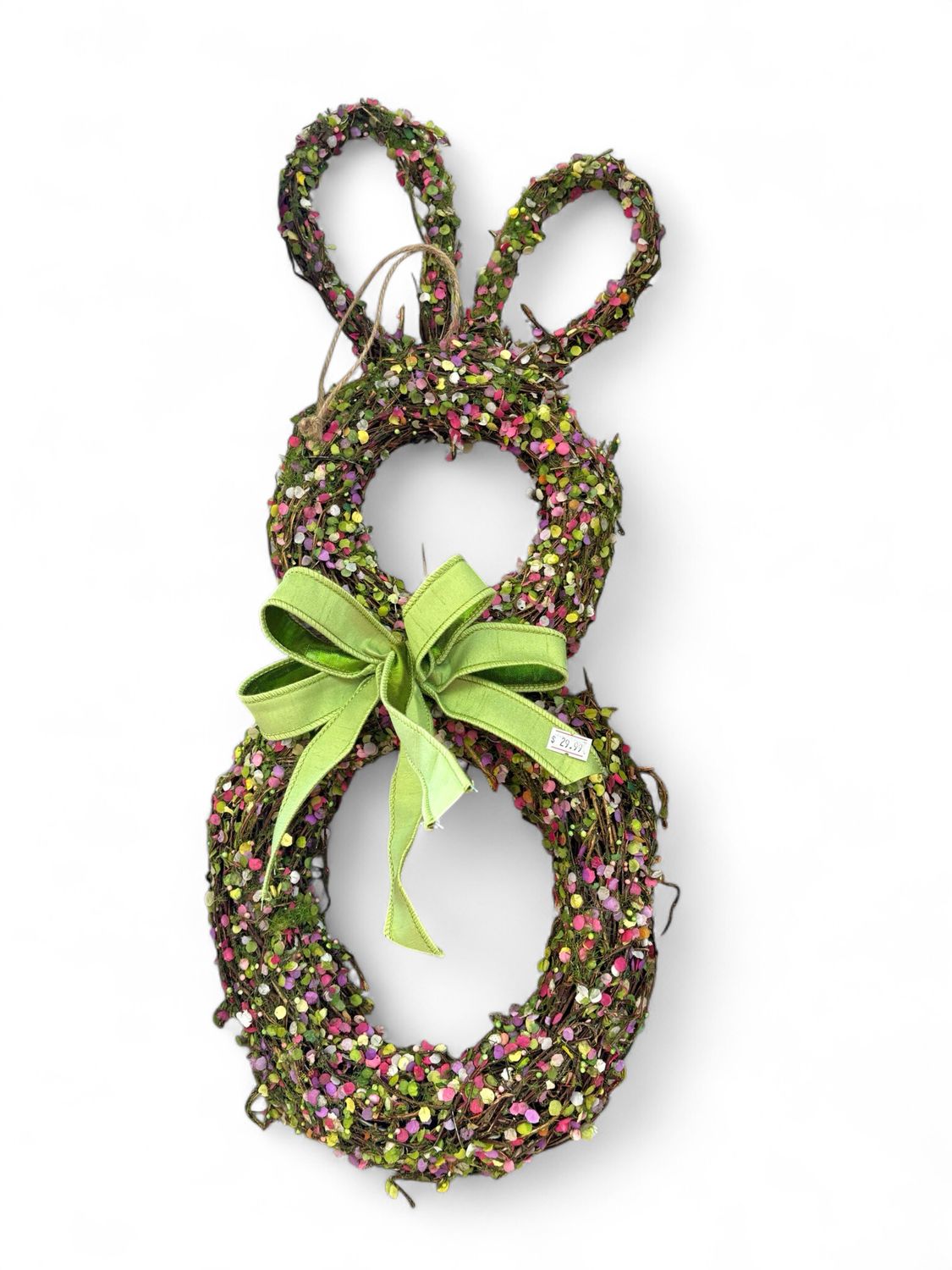 Twig Hanging Bunny with confetti and ribbon