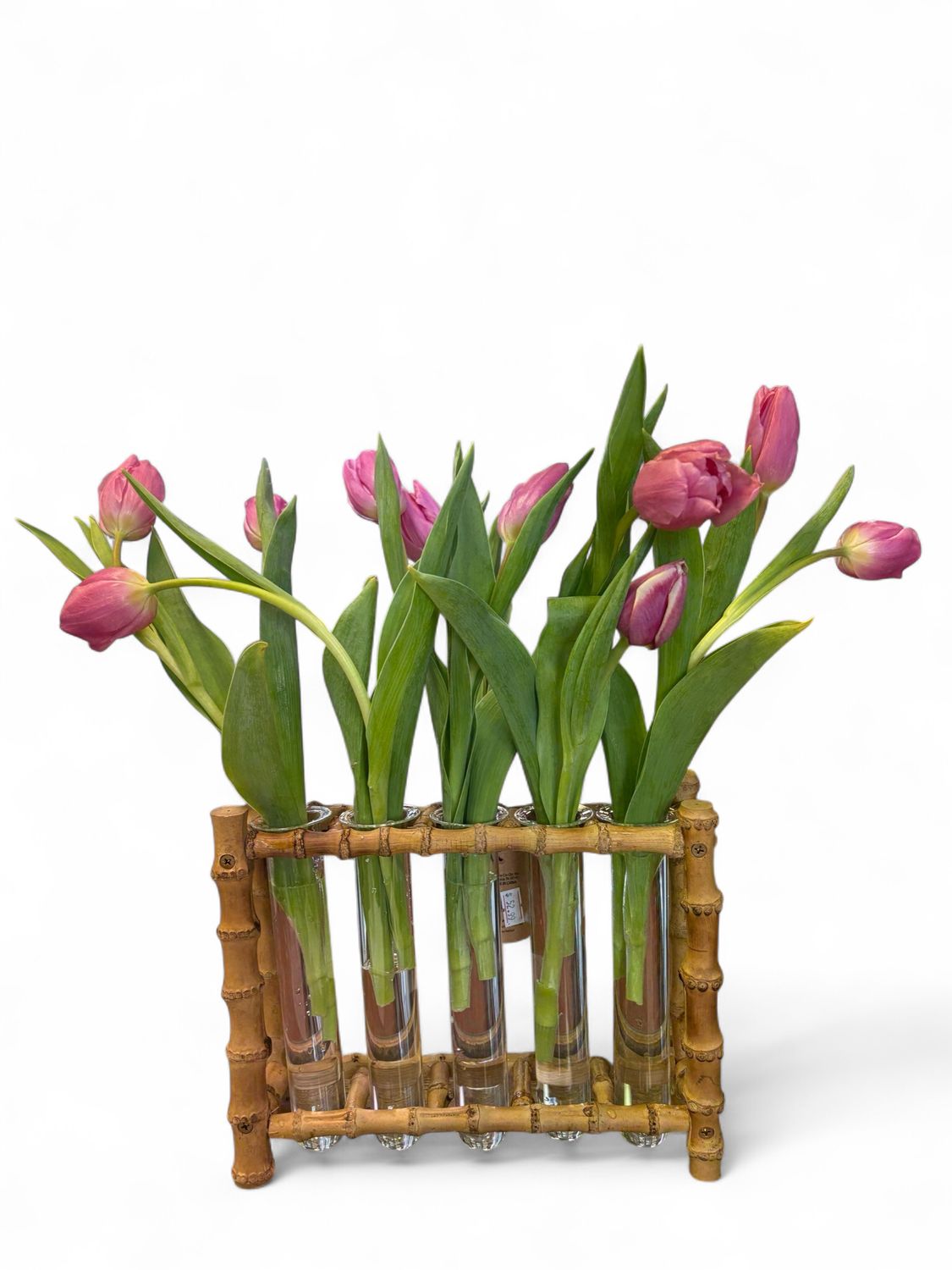 Bamboo rack with test tubes and tulips
