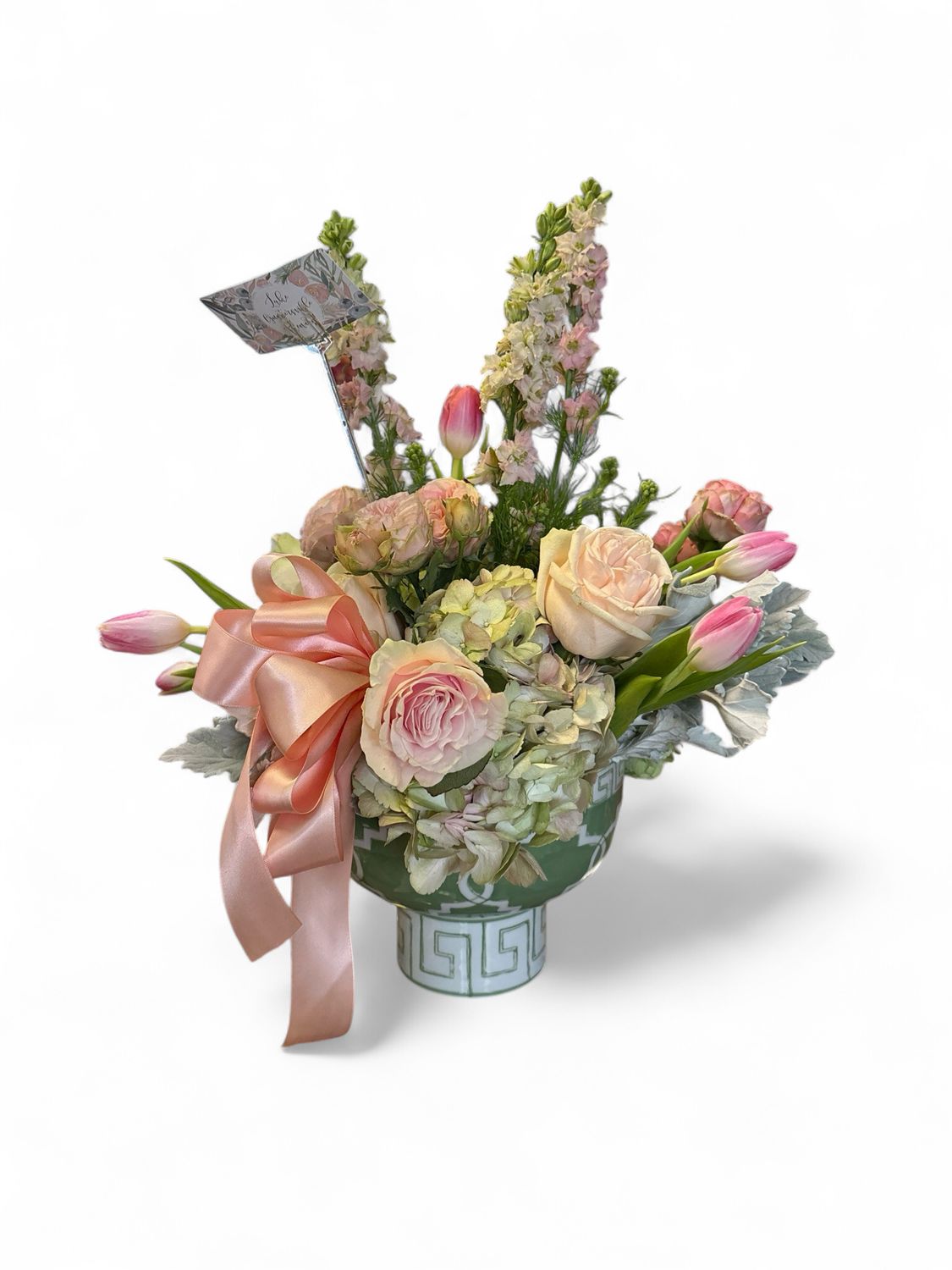 White and green pattern bowl with orchid