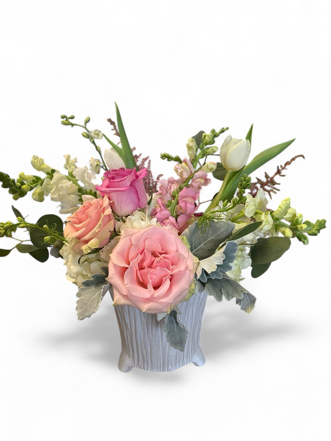 White wood patterned planter and florals