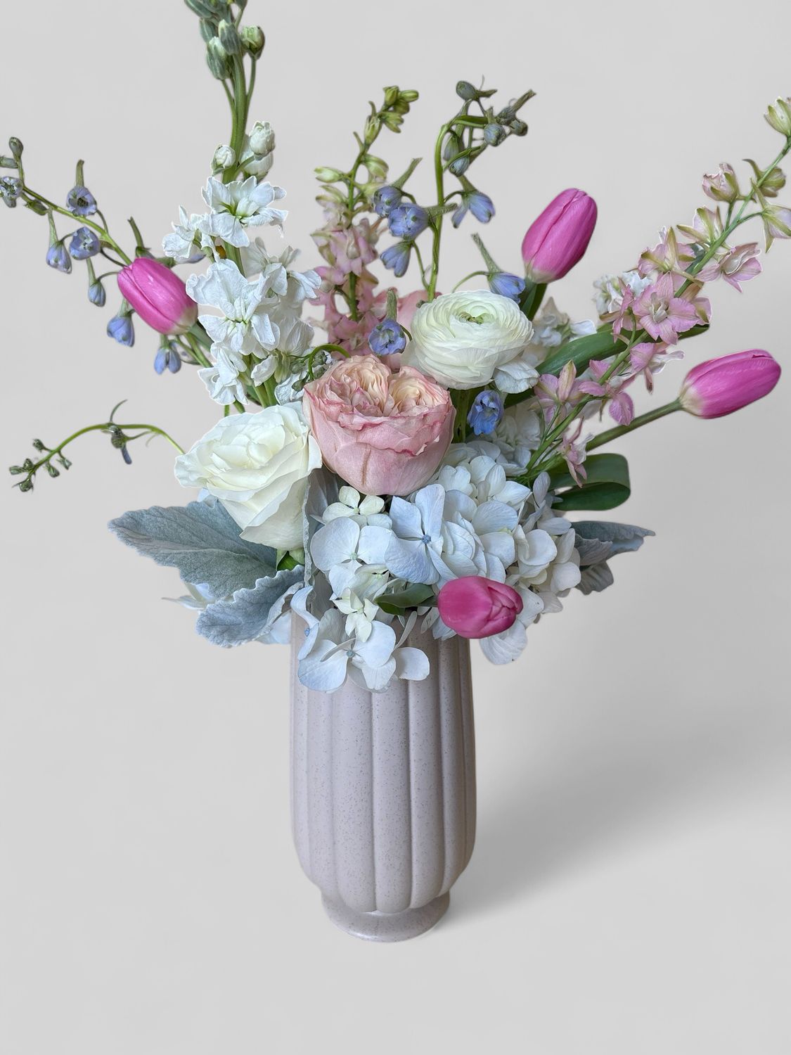 Large light grey vase with florals