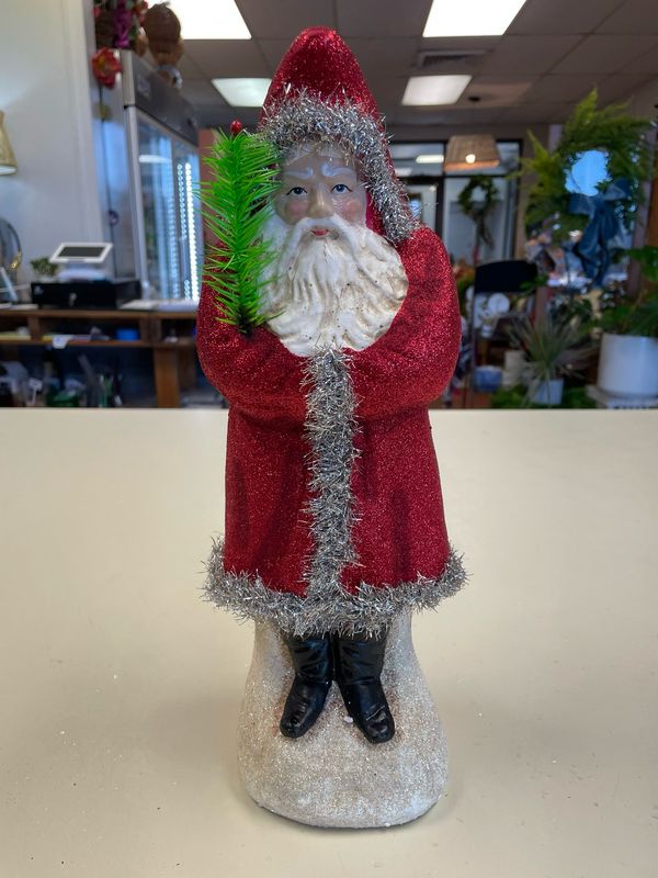 Red Paper Mache St Nick holding tree