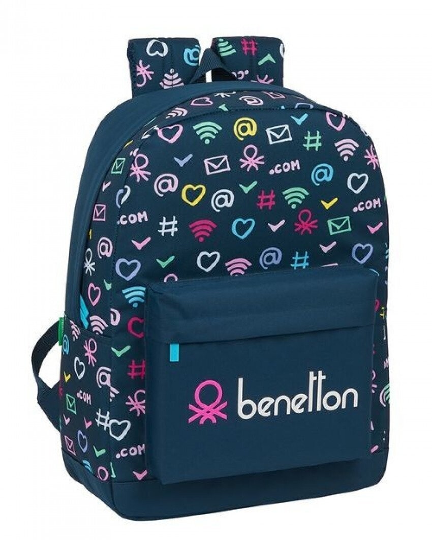 Mochila Benetton azul con dibujos adaptable a carro