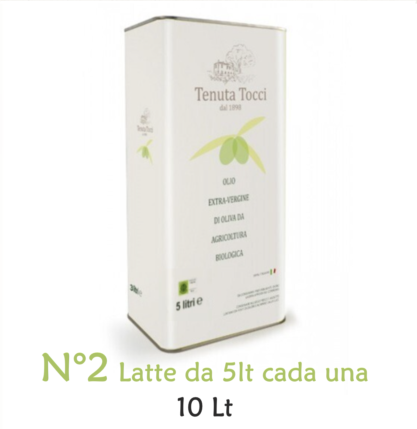 Confezione da 10Lt - di Olio extravergine di oliva biologico Tenuta Tocci - composta da N°2 Latte da 5Lt cadauna.