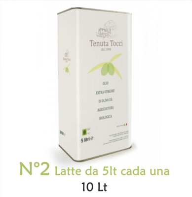 Confezione da 10Lt - di Olio extravergine di oliva biologico Tenuta Tocci - composta da N°2 Latte da 5Lt cadauna.