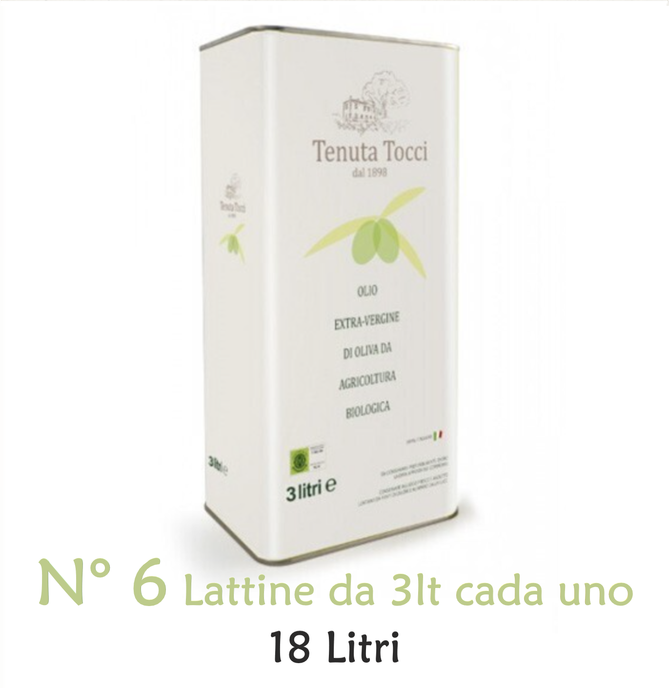 Confezione da 18Lt - di Olio extravergine di oliva biologico Tenuta Tocci - composta da N°6 Latte da 3Lt cadauna.
