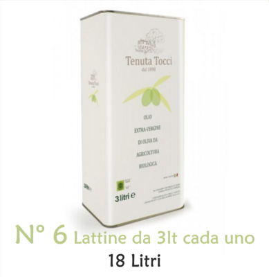 Confezione da 18Lt - di Olio extravergine di oliva biologico Tenuta Tocci - composta da N°6 Latte da 3Lt cadauna.