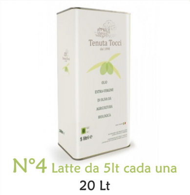 Confezione da 20Lt - di Olio extravergine di oliva biologico Tenuta Tocci - composta da N°4 Latte da 5Lt cadauna.