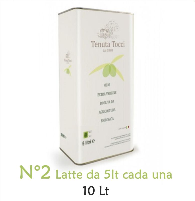 Confezione da 10Lt  - di Olio extravergine di oliva biologico Tenuta Tocci - composta da N°2 Latte da 5Lt cadauna.