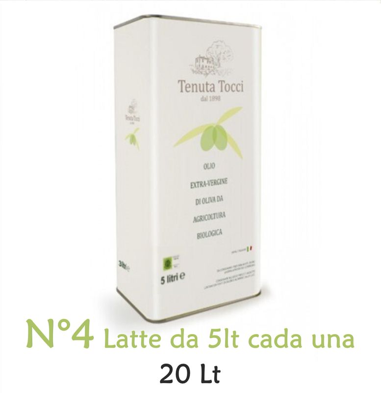 Confezione da 20Lt  - di Olio extravergine di oliva biologico Tenuta Tocci - composta da N°4 Latte da 5Lt cadauna.