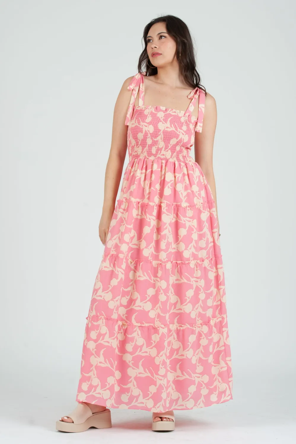 Lucca Smocked Tiered Maxi- Pink