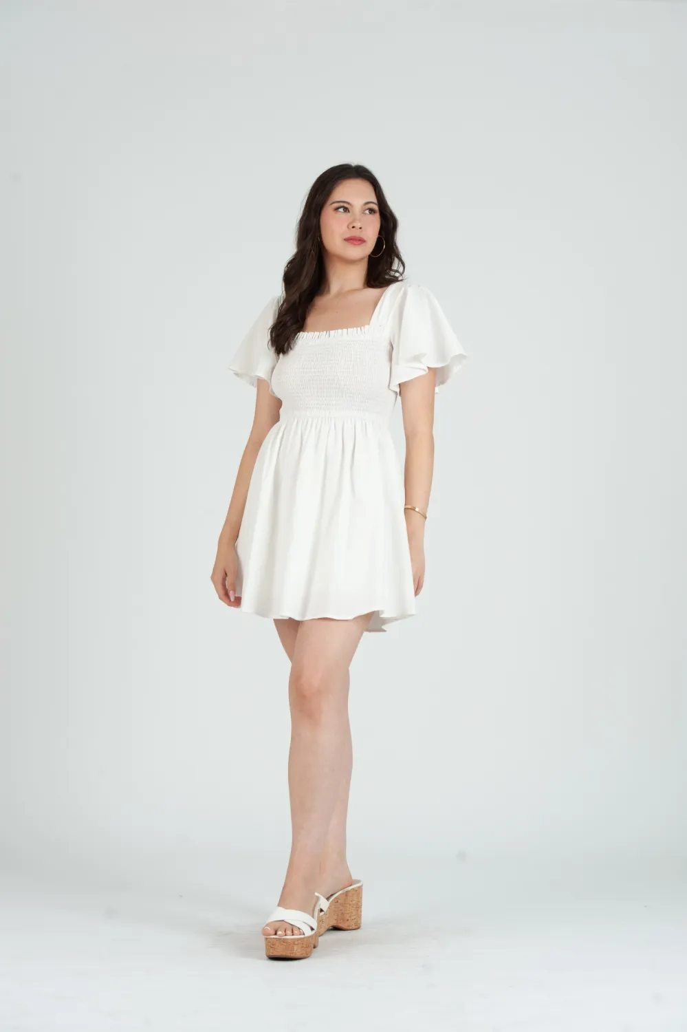 Lucca Smocked Flutter Sleeve Dress- White
