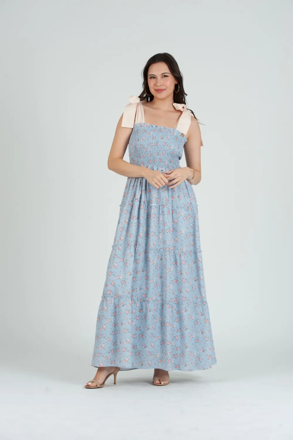 Lucca Smocked Maxi Bow Tie Strap Dress