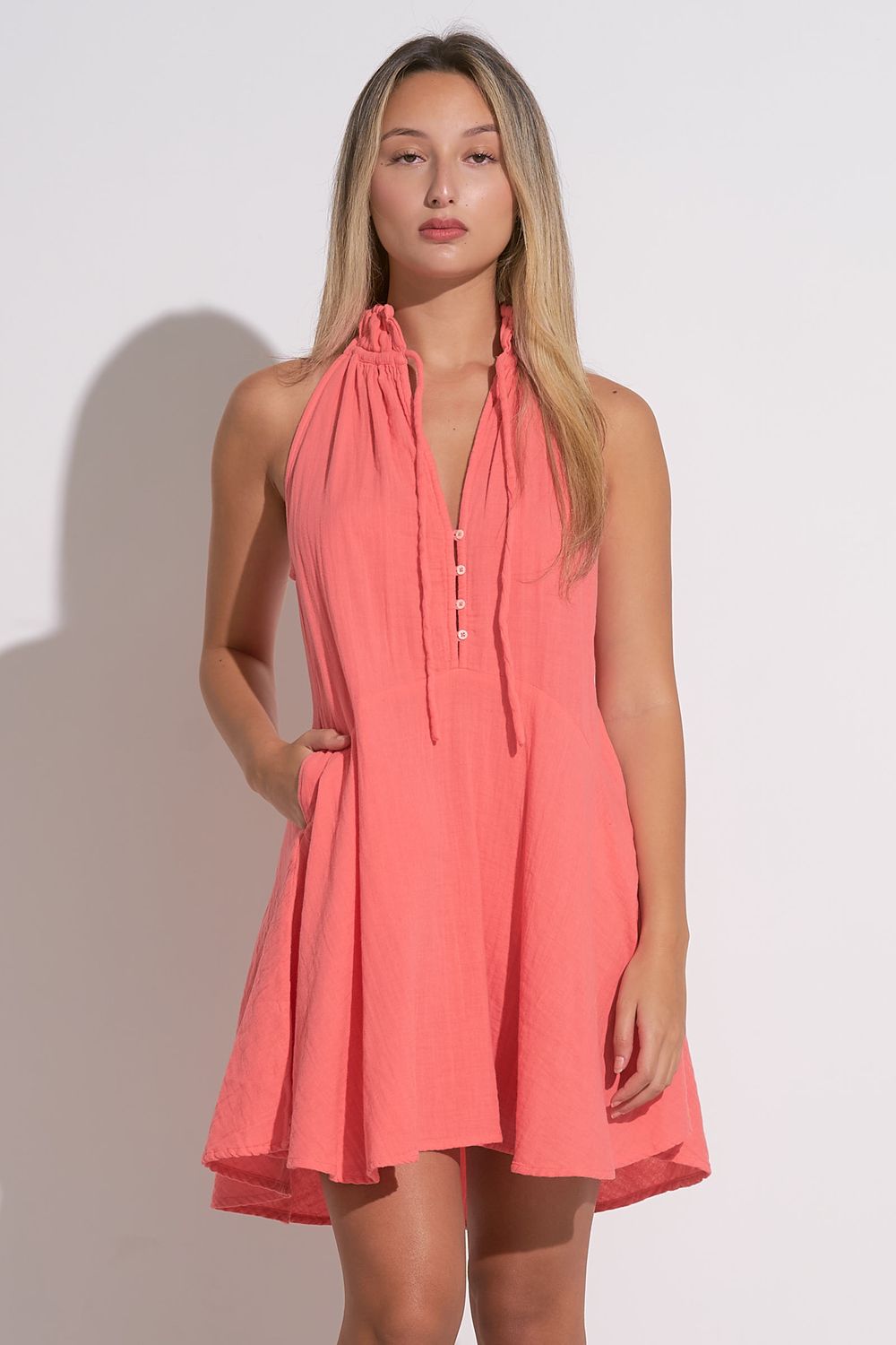 Coral Halter V-Neck Dress