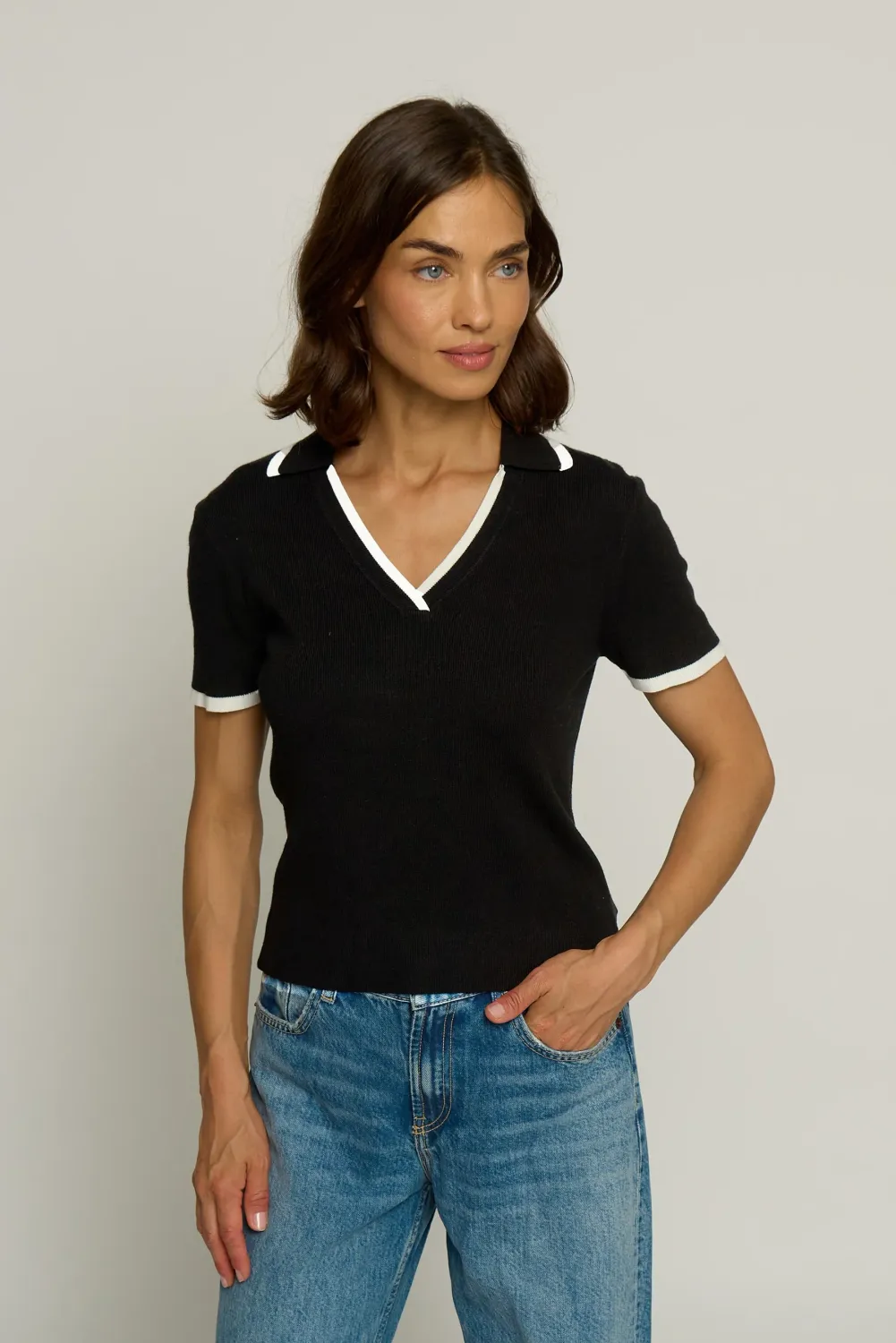 Black Ribbed Short Sleeve Polo