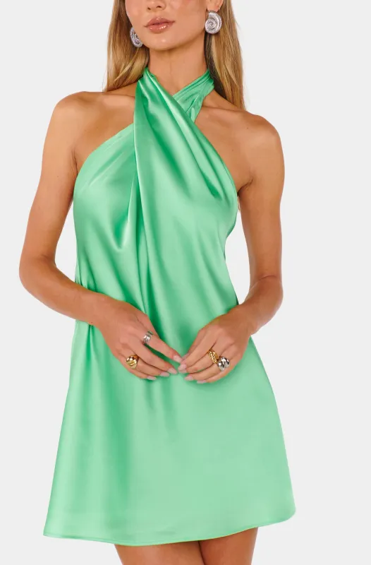 Jasmine Tie Mini Dress- Kiwi Luxe Satin