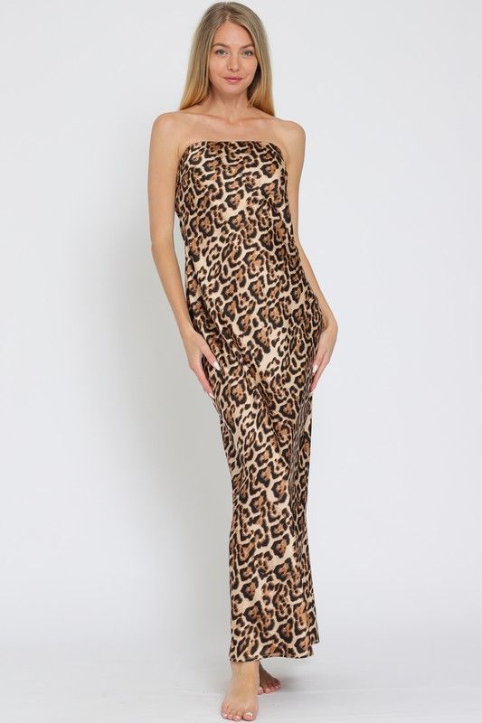 Satin Strapless Animal Print Maxi 