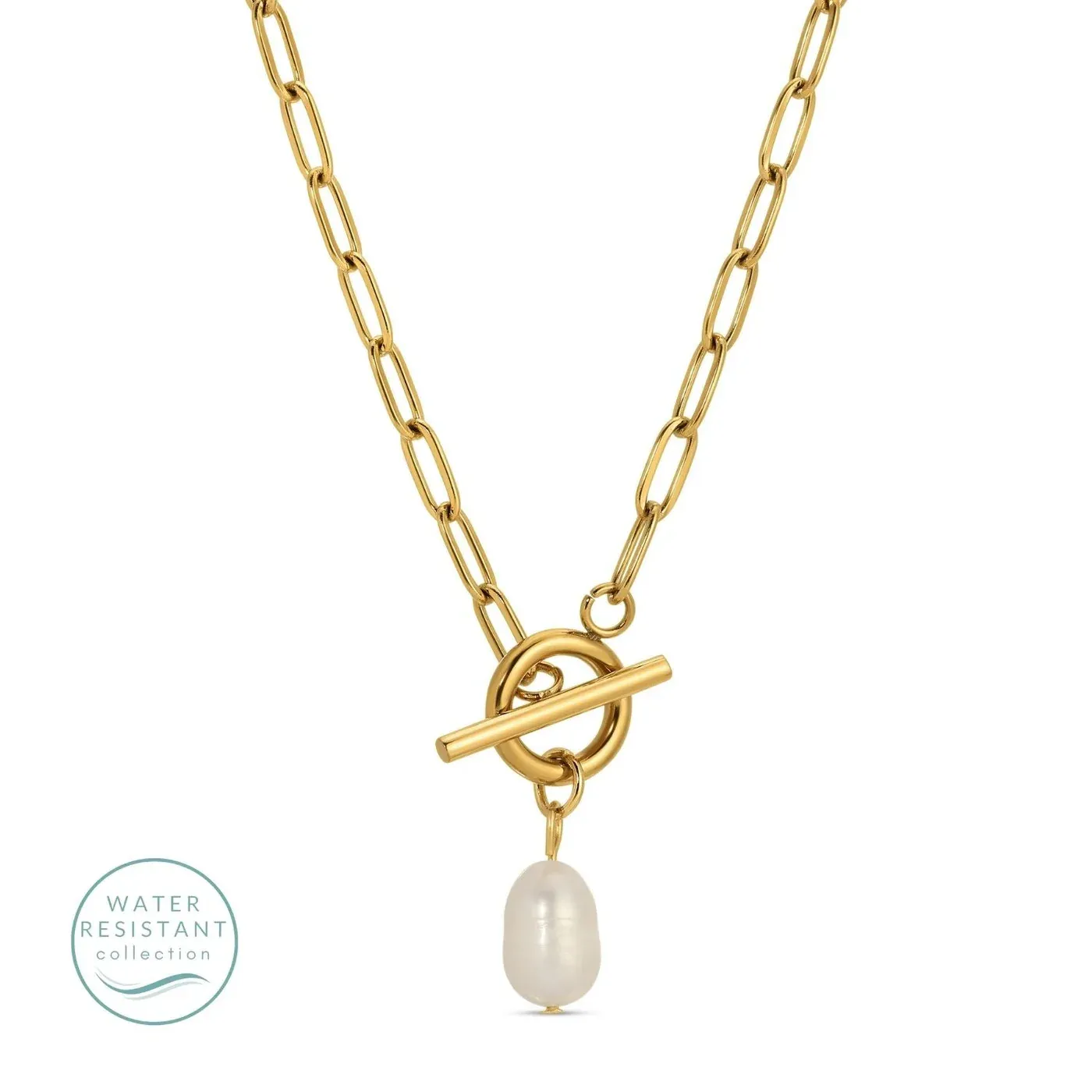 Toggle Water Resistant Paperclip Necklace with Pearl