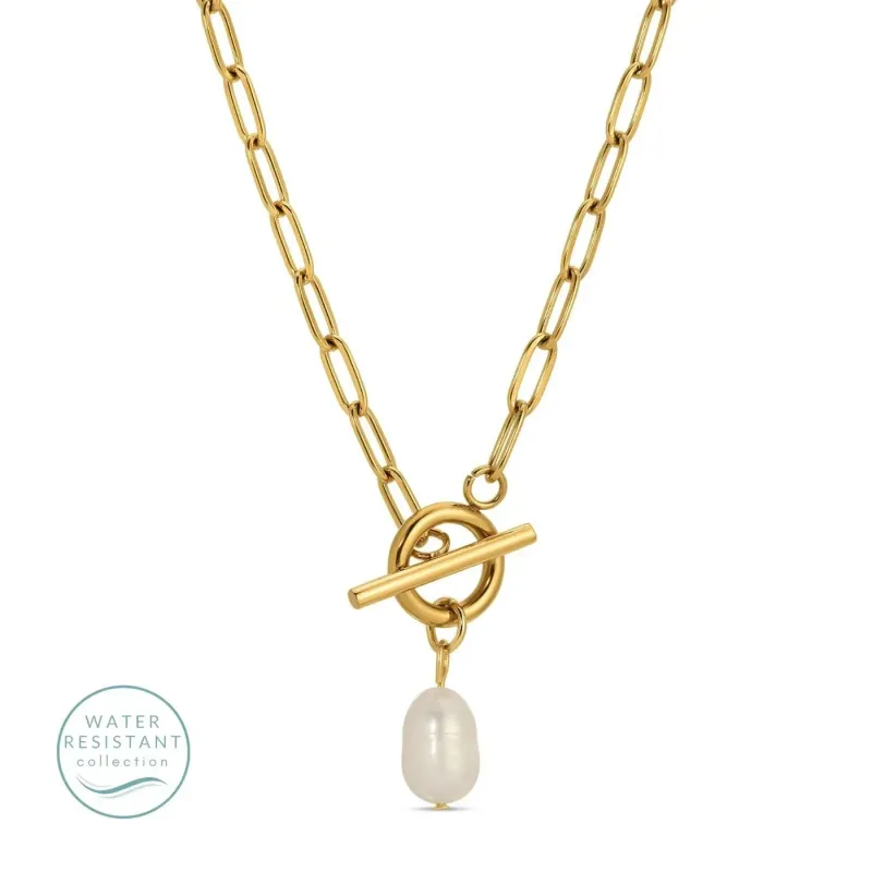 Toggle Water Resistant Paperclip Necklace with Pearl