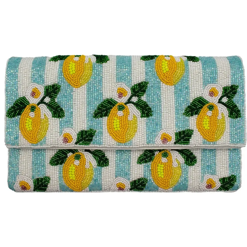 Lemon Blue Stripe Beaded Clutch 